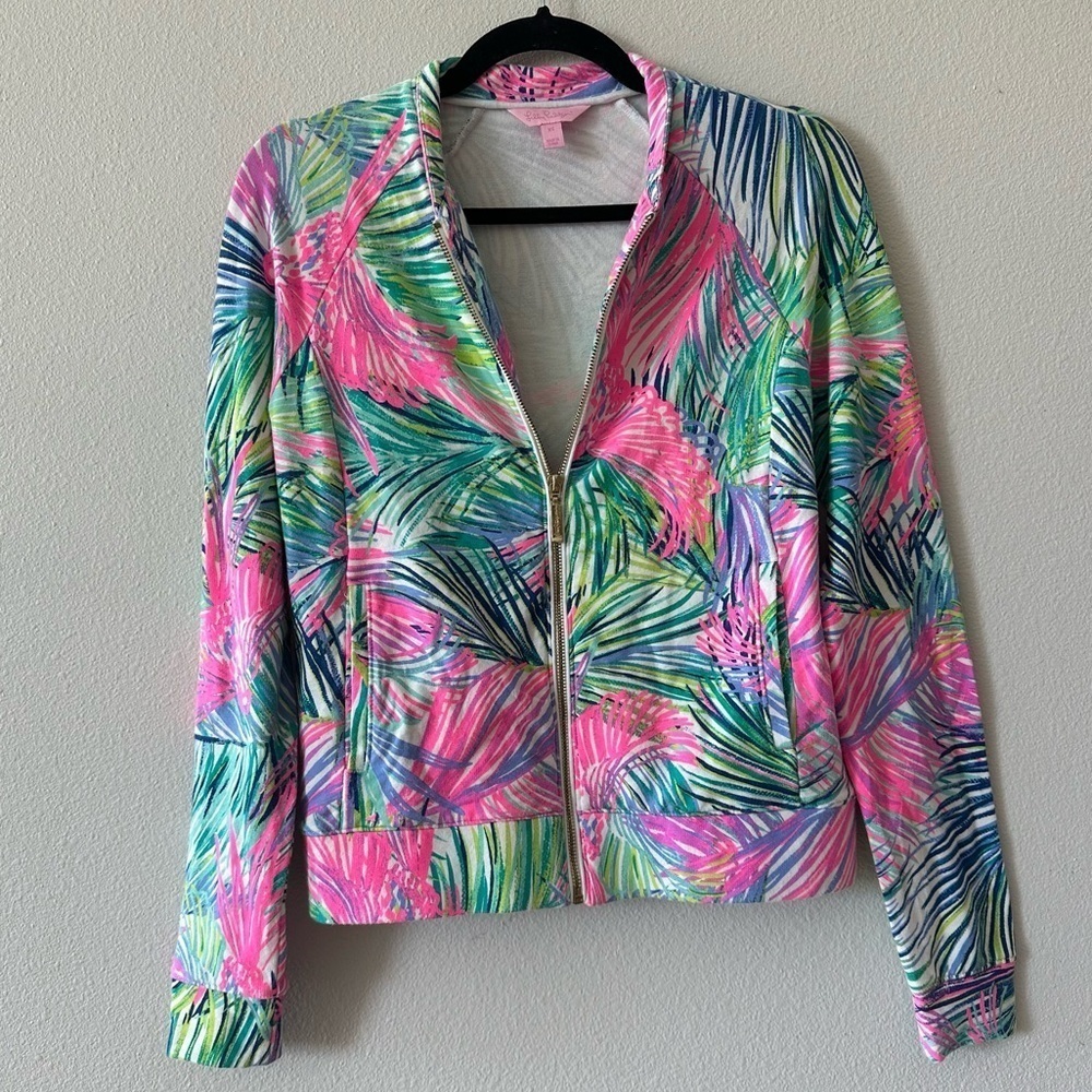 lilly pulitzer joleen bomber full zip jacket in scarlet macaw multicolor